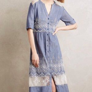 Anthropologie Chambray Embroidered Dress